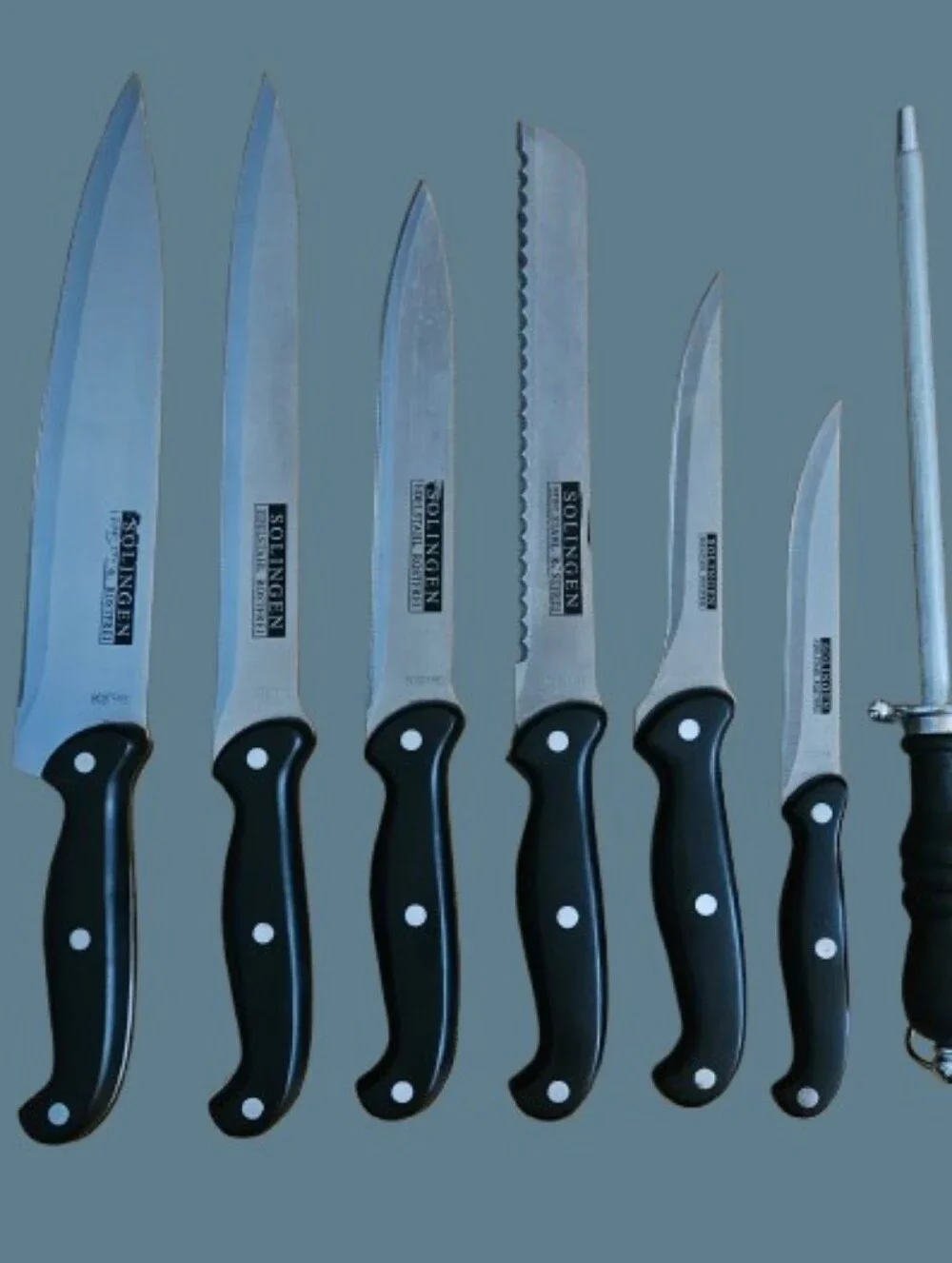 German Solinger Rosrfrei (Rust Free) Stainless Steel Knife Set. 6 w/Honing Rod